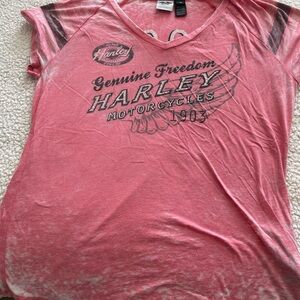 Harley-Davidson Pink V-Neck Graphic Tee with Contrasting Sleeve Stripes